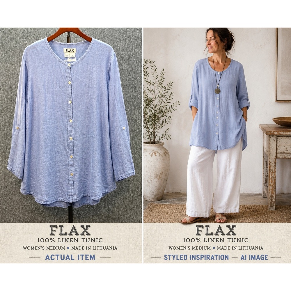 FLAX Linen Tunic Women Button Down Roll Tab Blue Medium Excellent Lagenlook
